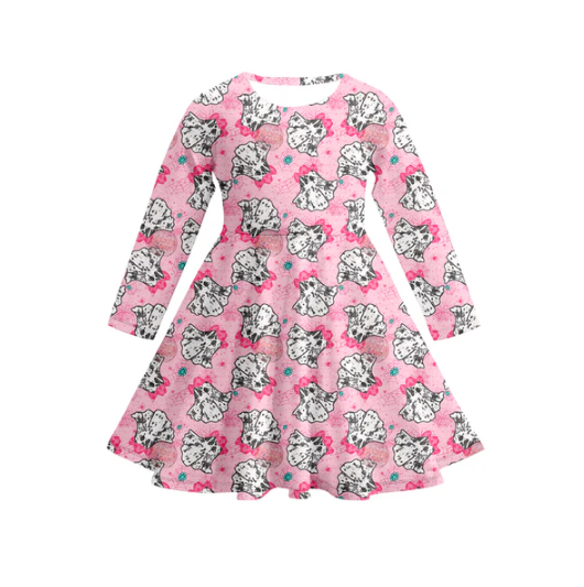 7.17 Preorder (moq 5)Baby Girls Long Sleeves Pink Bows Ghosts Plaid Knee Length Dresses