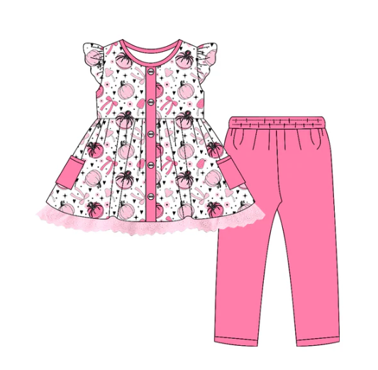 7.17 Preorder (moq 5)Baby Girls Flutter Sleeves Bows Pumpkins Button Tunic Leggings Pants Set