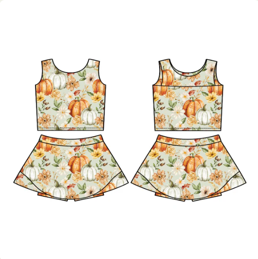 7.18 Preorder (moq 5)Baby Girls Sleeveless Flowers Pumpkins Vest Top Skorts Set