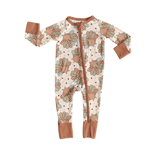 7.19 Preorder moq 5 Baby Boys Long Sleeves Turkey Stars Plaid Zipper Rompers