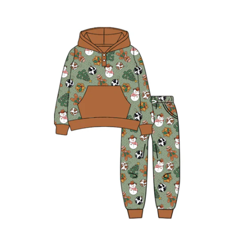7.19 Preorder (moq 5)Baby Boys Long Sleeves Lights Snowman Trees Button Pocket Hoodies Pant Set