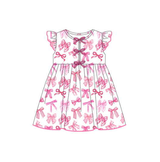 7.21 Preorder (moq 5)Baby Girls Flutter Sleeves Pink Bows Plaid Knee Length Dresses