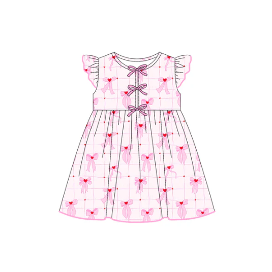 7.21 Preorder (moq 5)Baby Girls Flutter Sleeves Pink Bows Hearts Plaid Knee Length Dresses