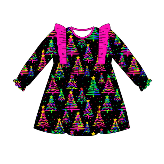 7.21 Preorder (moq 5)Baby Girls Long Ruffle Sleeves Colorful Trees Stars Plaid Knee Length Dress