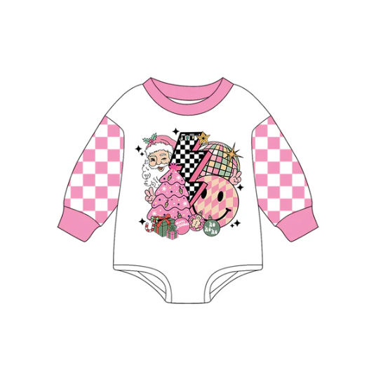 7.22 Preorder(moq 5)Baby Girls Pink Plaid Long Sleeves Santa Light Rompers