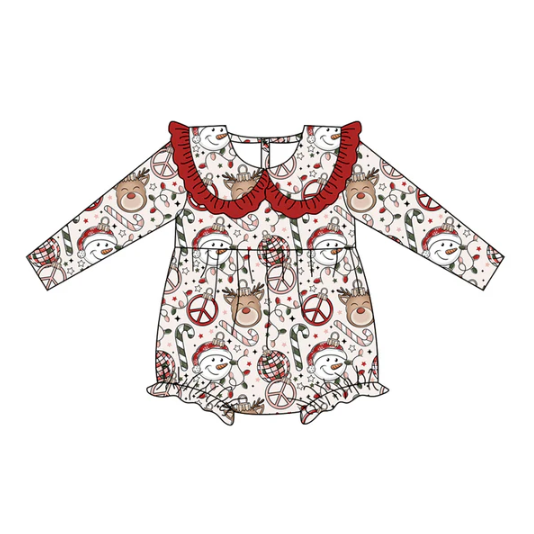 7.22 Preorder(moq 5)Baby Girls Snowman Candy Cane Plaid Ruffle Rompers