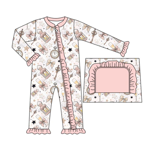 7.22 Preorder(moq 5)Baby Kids Pink Bows Key Stars Ruffle Zipper Pant Rompers