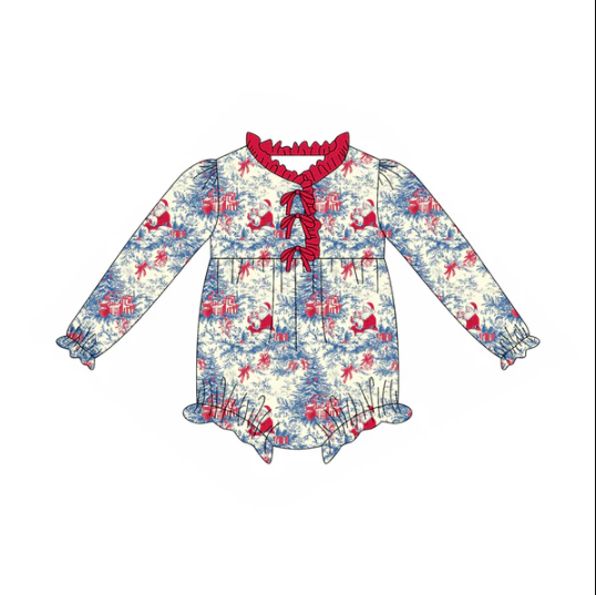 7.23 Preorder(moq 5)Baby Girls Red Santa Floral Plaid Button Ruffle Rompers