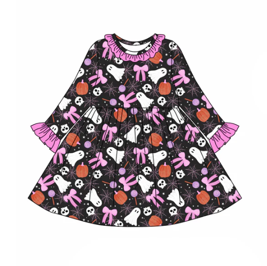 7.24 preorder(moq 5) Baby Girls Long Sleeves Bows Ghost Pumpkins Plaid Knee Length Dresses