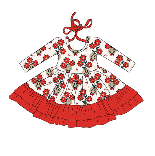 7.25 Preorder (moq 5)Baby Girls Long Sleeves Red Flowers Smiles Plaid Ruffle Knee Length Dress