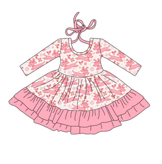 7.25 Preorder (moq 5)Baby Girls Long Sleeves Pink Christmas Deer Holly Ruffle Knee Length Dress