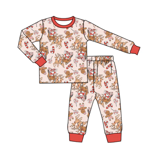 7.26 Preorder(moq 5) Baby Boys Long Sleeves Christmas Santa Gingerbread Top Pants Pajamas Set