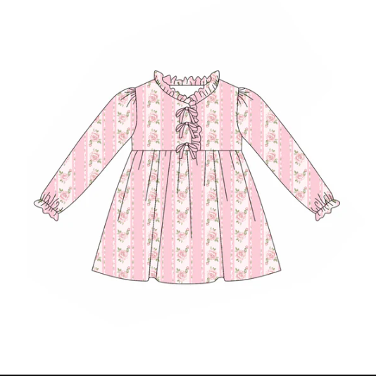 7.28 Preorder(moq 5) Baby Girls Long Ruffle Sleeves Pink Flower Stripe Knee Length Dresses