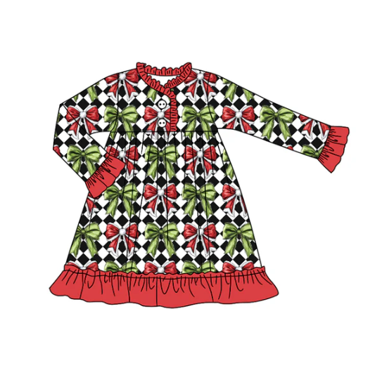 7.28 Preorder(moq 5) Baby Girls Long Sleeves Bats Pumpkins Plaid Ruffle Knee Length Dresses
