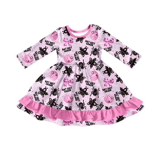 7.28 Preorder(moq 5) Baby Girls Long Ruffle Sleeves Bats Pumpkins Plaid Button Knee Length Dresses