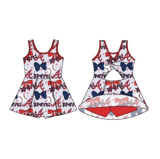 7.29 Preorder (moq 5)Baby Girls Sleeveless Bows Stars Baseballs A Shorts Team Knee Length Dress