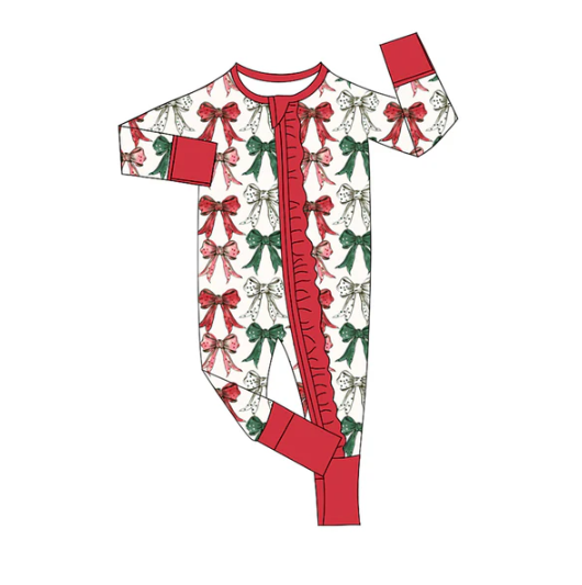 7.30 Preorder(moq 5)Baby Infant Boys Long Sleeves Green Red Bows Christmas Zipper Rompers