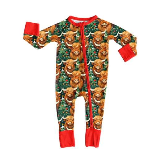 7.30 Preorder(moq 5)Baby Infant Boys Long Sleeves Highland Cows Christmas Trees Zipper Rompers