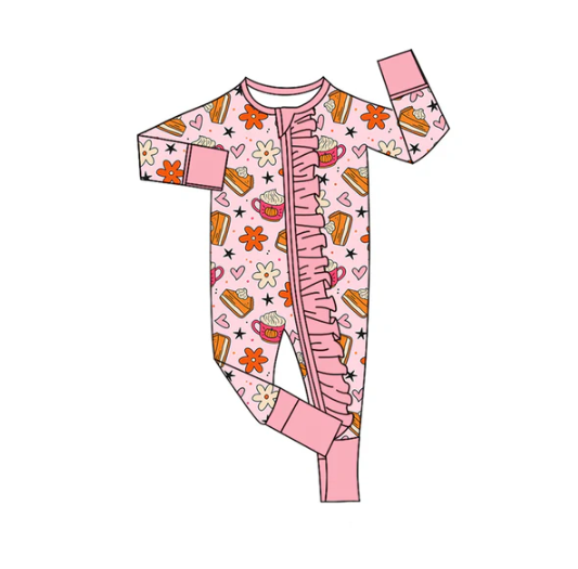 7.31 Preorder(moq 5)Baby Infant Girls Long Sleeves Pink Flowers Pie Ruffle Zipper Fall Rompers