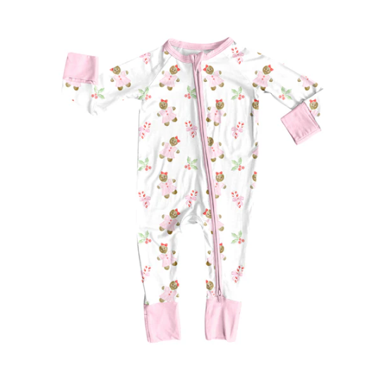 7.31 Preorder(moq 5)Baby Infant Girls Long Sleeves Candy Cane Gingerbread Christmas Zipper Rompers