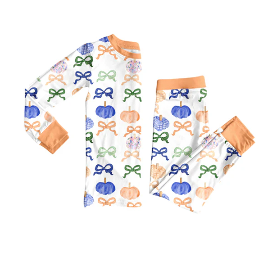7.31 Preorder (moq 5)Baby Girls Colorful Pumpkins Bows Top Pants Fall Pajamas Set