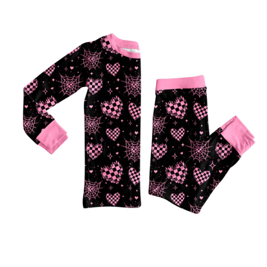 7.31 Preorder (moq 5)Baby Girls Spider Web Hearts Plaid Top Pant Halloween Pajamas Set