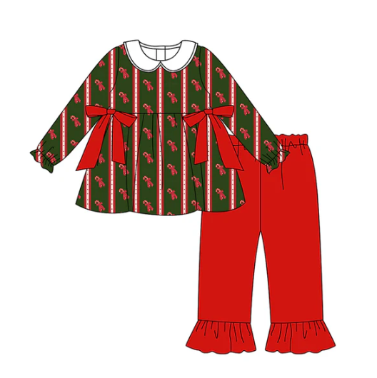 8.1 Preorder (moq 5)Baby Girls Bows Candy Cane Stripes Tunic Ruffle Pants Christmas Set