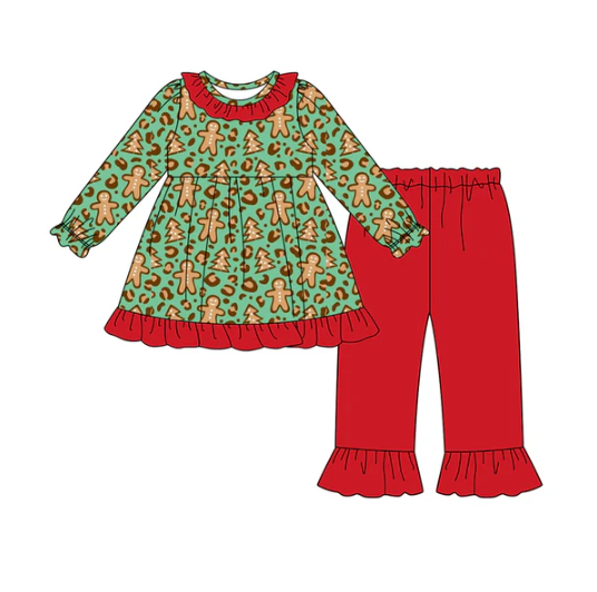 8.1 Preorder (moq 5)Baby Girls Green Leopard Gingerbread Tunic Ruffle Pants Christmas Set