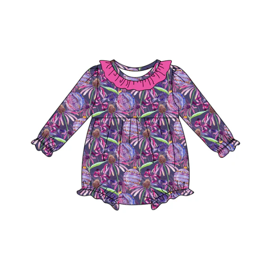 8.2 Preorder(moq 5)Baby Infant Girls Hot Pink Flowers Bows Halloween Ruffle Rompers