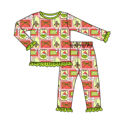 8.2Preorder (moq 5)Baby Girls Green Face Bows Plaid Top Pant Christmas Pajamas Set