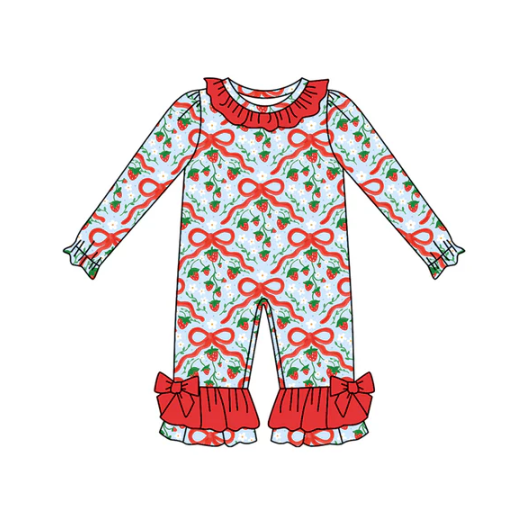 8.2 Preorder(moq 5)Baby Infant Girls Red Bows Strawberry Plaid Ruffle Pant Rompers