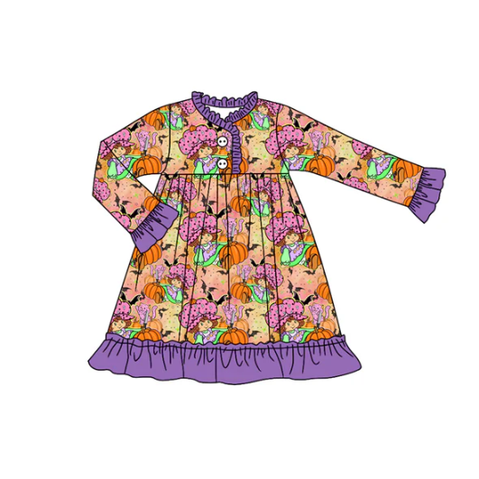 8.5 Preorder (moq 5)Baby Girls Strawberry Girl Pumpkins Purple Button Halloween Knee Length Dress