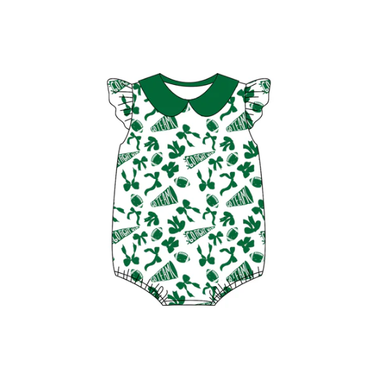 8.6 preorder(moq 5)Baby Infant Girls Green Team Bow Flutter Sleeve Rompers
