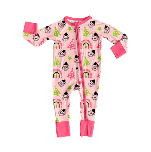 8.8 Preorder(moq 5)Baby Girls Pink Christmas Trees Green Face Zipper Footie Rompers