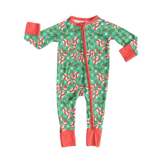 8.8 Preorder(moq 5)Baby Boys Holly Plaid Candy Cane Bows Christmas Zipper Footie Rompers
