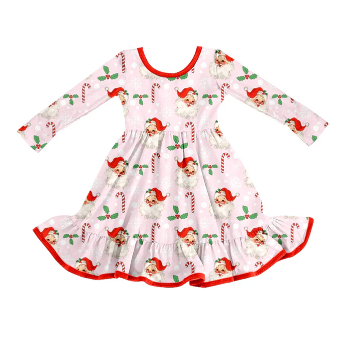 8.9 GLD1251 Baby Girls Santa Candy Cane Holly Christmas Ruffle Knee Length Dresses Preorder