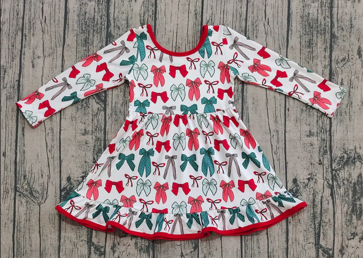 8.9 GLD1250 Baby Girls Green Red Bows Plaid Christmas Ruffle Knee Length Dresses Preorder