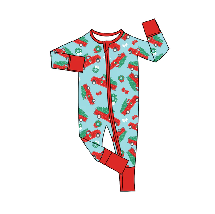 8.11 Preorder(moq 5)Baby Infant Christmas Trucks Bows Zipper Footie Rompers