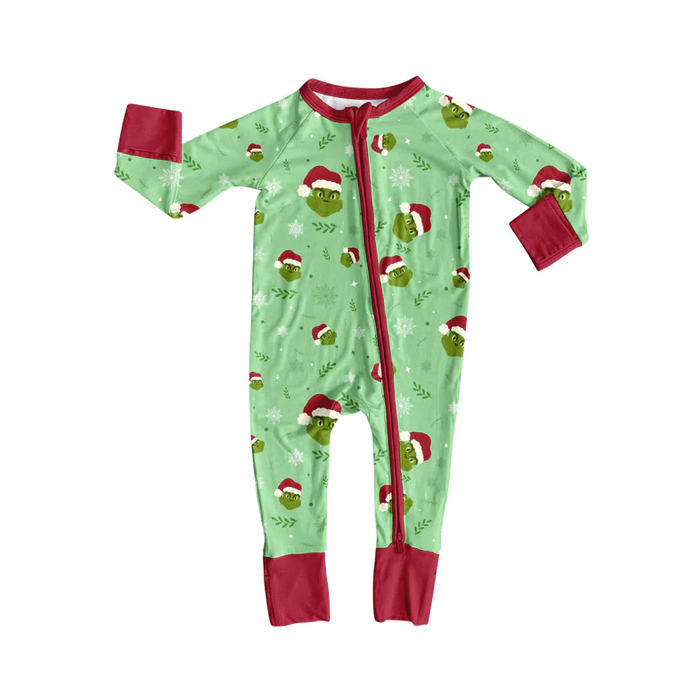 8.11 Preorder(moq 5)Baby Infant Christmas Green Face Zipper Footie Rompers