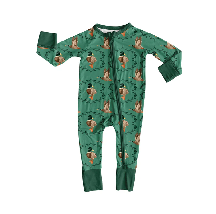 8.11 Preorder(moq 5)Baby Infant Mallard Ducks Hunting Green Zipper Footie Rompers
