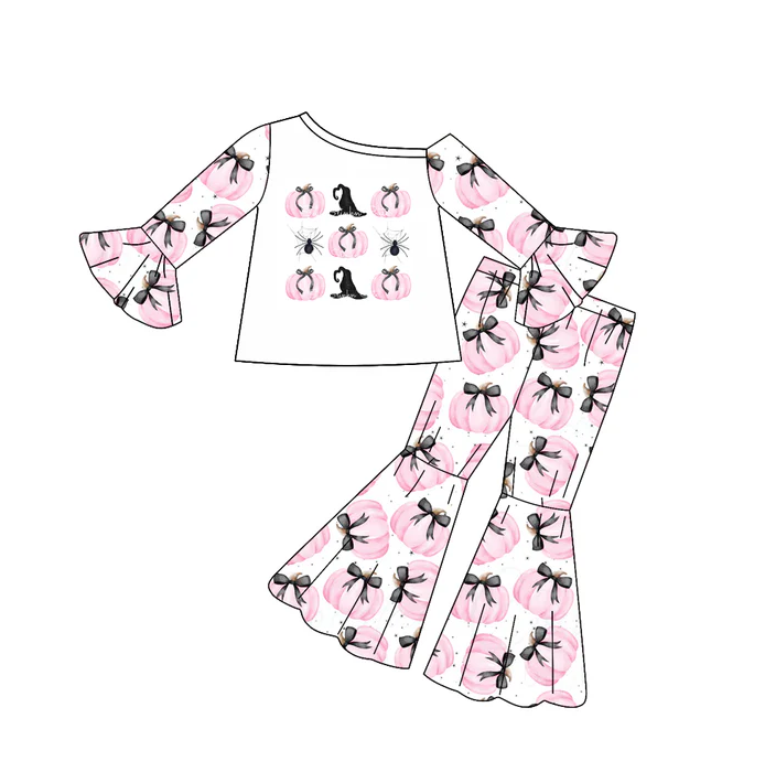 8.12 Preorder(moq 5) Baby Girls Halloween Pumpkins Bows Top Bell Pants Outfits Sets