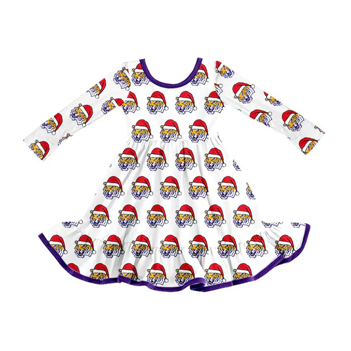 8.12 Preorder (moq 5)Baby Girls LSU Tiger Team Christmas Ruffle Knee Length Dresses