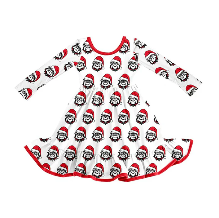 8.12 Preorder (moq 5)Baby Girls Bulldogs Team Christmas Ruffle Knee Length Dresses