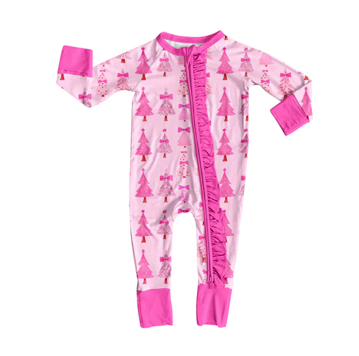 8.12 Preorder(moq 5)Baby Girls Christmas Pink Trees Zipper Footie Rompers
