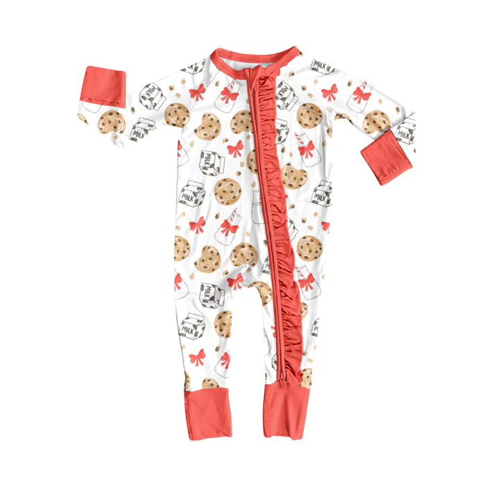 8.12 Preorder(moq 5)Baby Girls Christmas Cookie Milk Zipper Footie Rompers