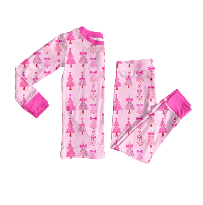 8.12 Preorder(moq 5) Baby Girls Christmas Pink Trees Top Pants Lounge Wear Pajamas Sets