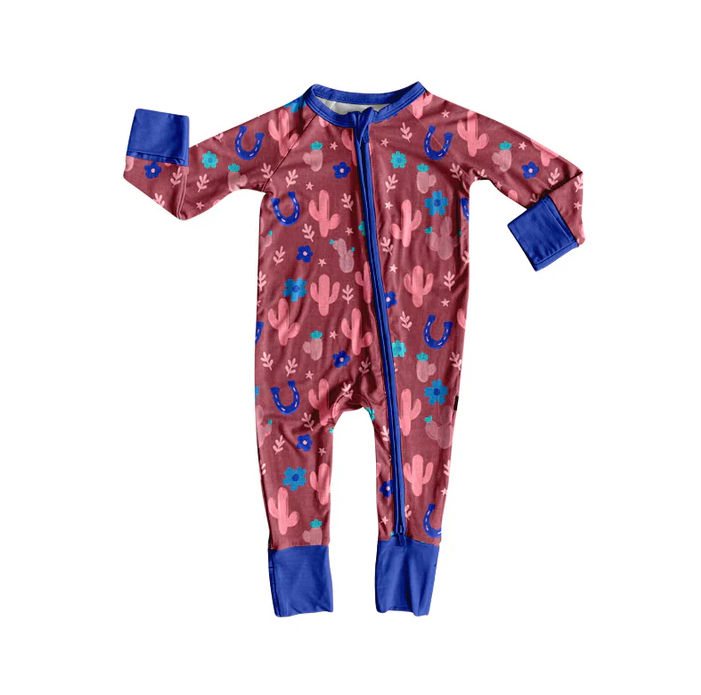 8.12 Preorder(moq 5)Baby Girls Western Cactus Zipper Footie Rompers