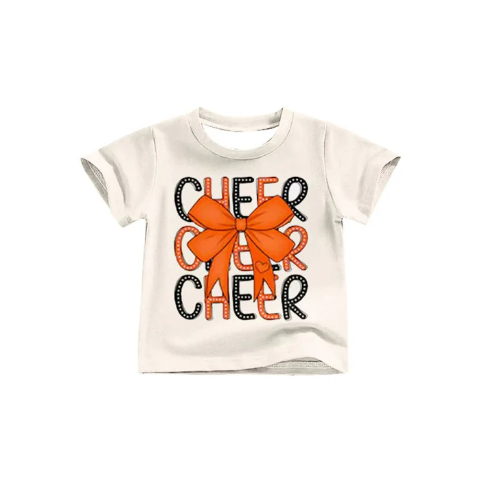 8.13 Preorder (moq 5)Baby Girls Orange Black Bow Cheer Team Short Sleeve Tee Shirts Tops