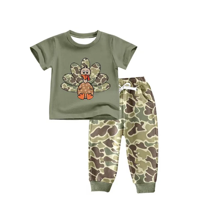 8.13 Preorder(moq 5) Baby Boys Green Thanksgiving Turky camo Top Pants Outfits Sets