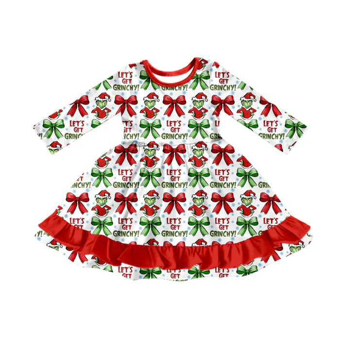 8.13 Preorder (moq 5)Baby Girls Christmas Let's Go Frog Ruffle Knee Length Dresses
